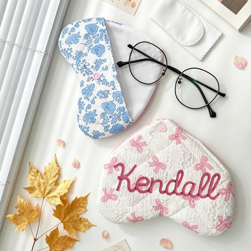 Cross-border Etsy handmade rope embroidery fabric heart-shaped eyewear pouch, storage bag, quilted eyewear case, unique heart-shaped eyewear bag