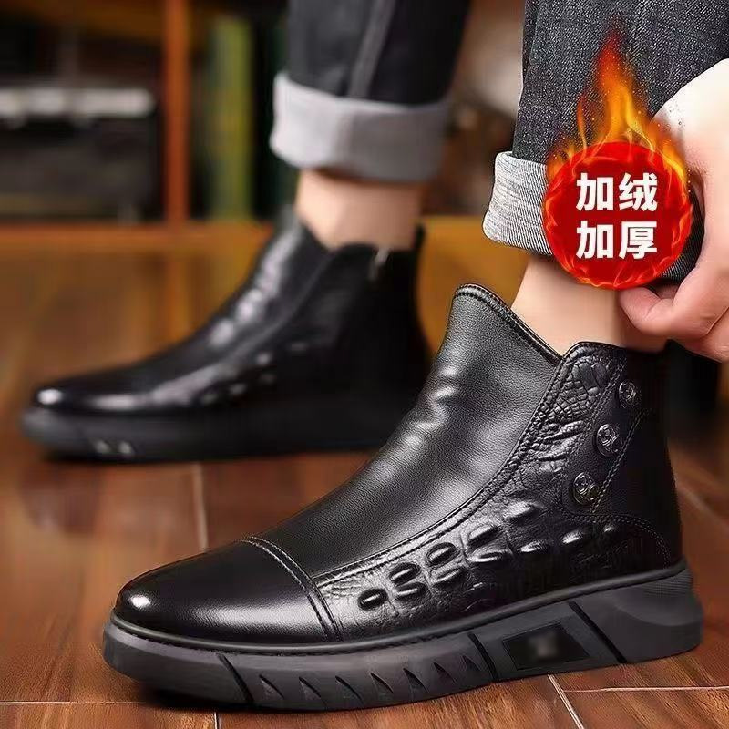 Martin Boots Men's Shoes 2025 Winter New High-Top Crocodile Pattern Men's Warm Side Zipper Work Boots British Style