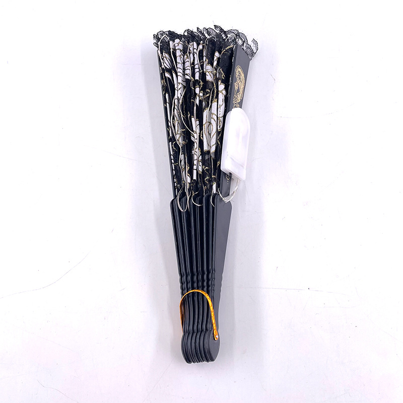 #593-2 7寸-6V双功能-发光玫瑰蕾丝扇黑底暖白色