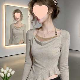 韩系辣妹假两件荡领挂脖长袖t恤女秋季设计感荷叶边不规则上衣潮