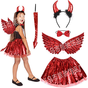 Halloween Stage Equipment Props Red Devil Wings Devil Horn Feather Headwear Tail Bronzing Mesh Dress