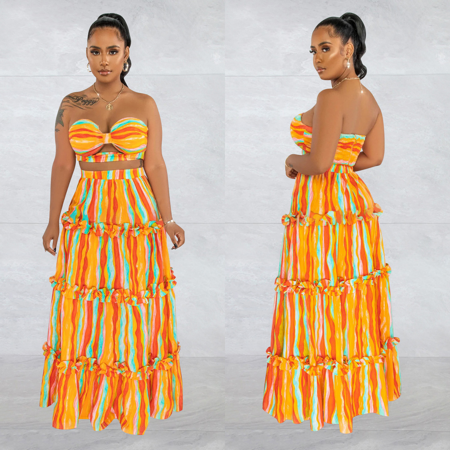 X6646 transfronteriza AliExpress Amazon moda europea y americana de las mujeres sin mangas tubo superior a rayas vestido impreso conjunto de dos piezas
