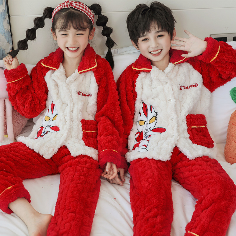 Pijamas para niños niñas de invierno y otoño de franela caliente y grueso de terciopelo de dibujos animados para niños coral terciopelo de coral ropa para el hogar
