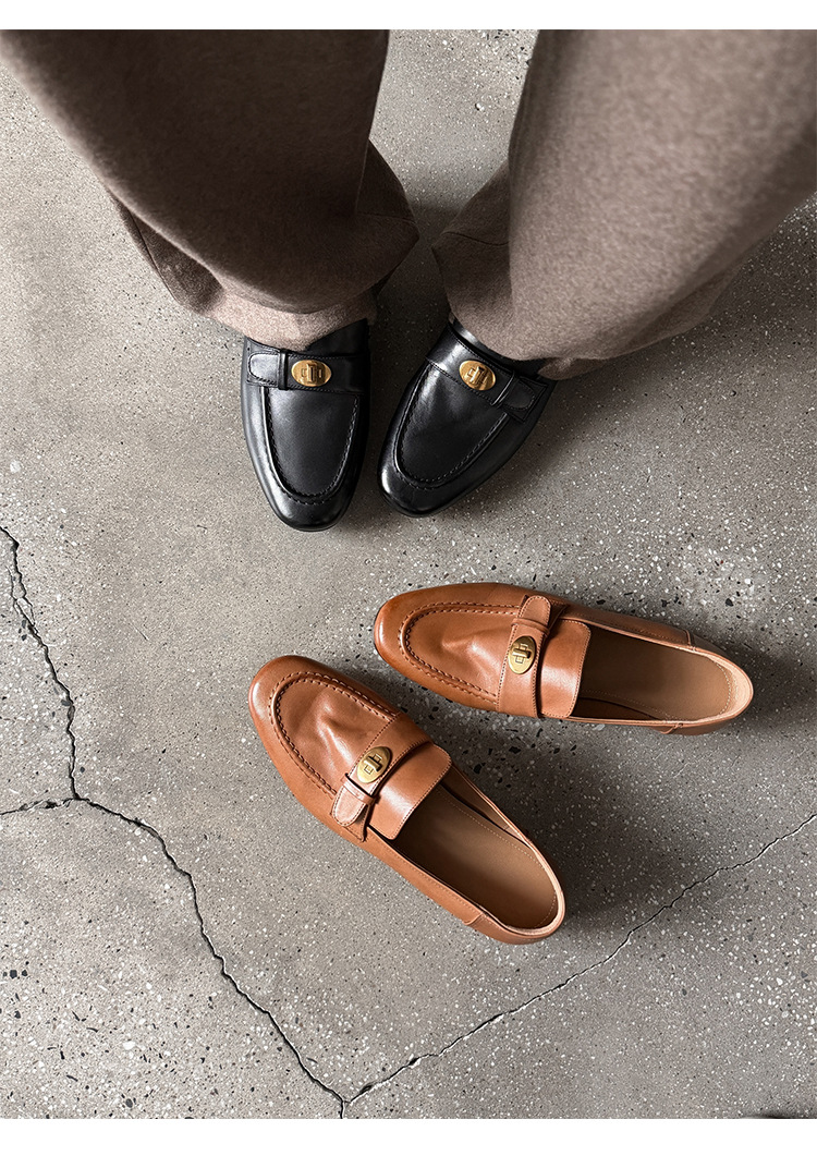 Giày loafer nữ da bò mũi sâu gót vuông thấp phong cách Anh Quốc — màu nâu chi tiết 27