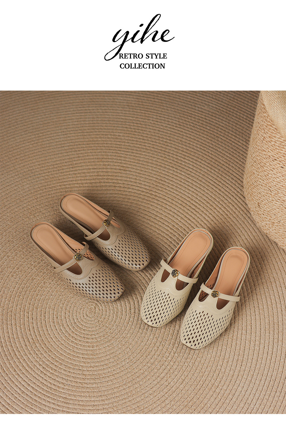 Dép sandal nữ quai chữ V da dê, gót thấp 3,5 cm, mũi kín hở gót — màu trắng ngà chi tiết 13