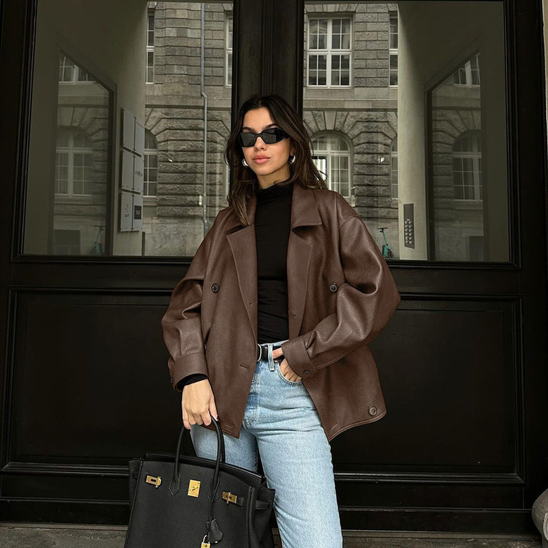 Winter Retro Brown Faux Leather Jacket for Women, European and American Style, Double-Breasted Loose Suit Leather Coat for Women, Autumn 2026