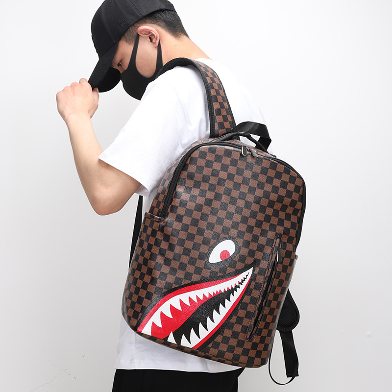 Cross-Border marca de moda de los hombres de LA PU Mochila De Cuero mochila de viaje a cuadros casual de gran capacidad de Tela Escocesa bolsa de ordenador