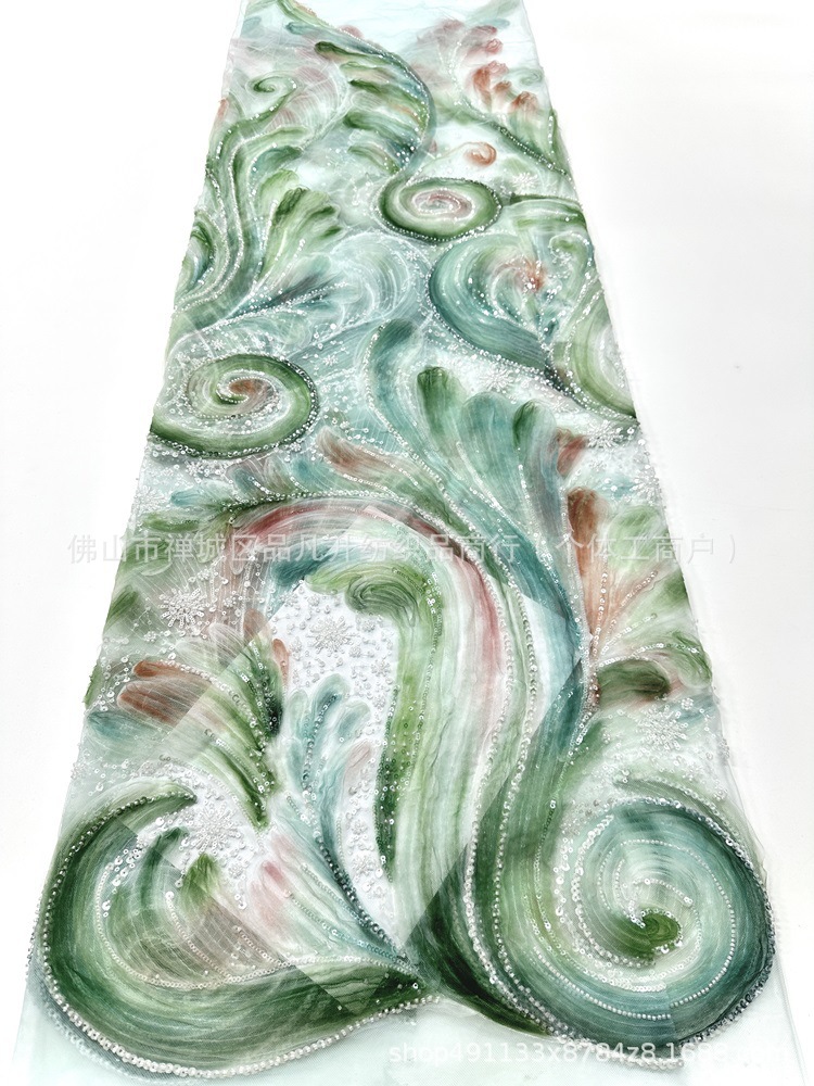 Fabricantes de tela de vestido de moda nueva industria pesada con tela de sequinaria alta fijación teñida por pulverización tela bordada de perlas