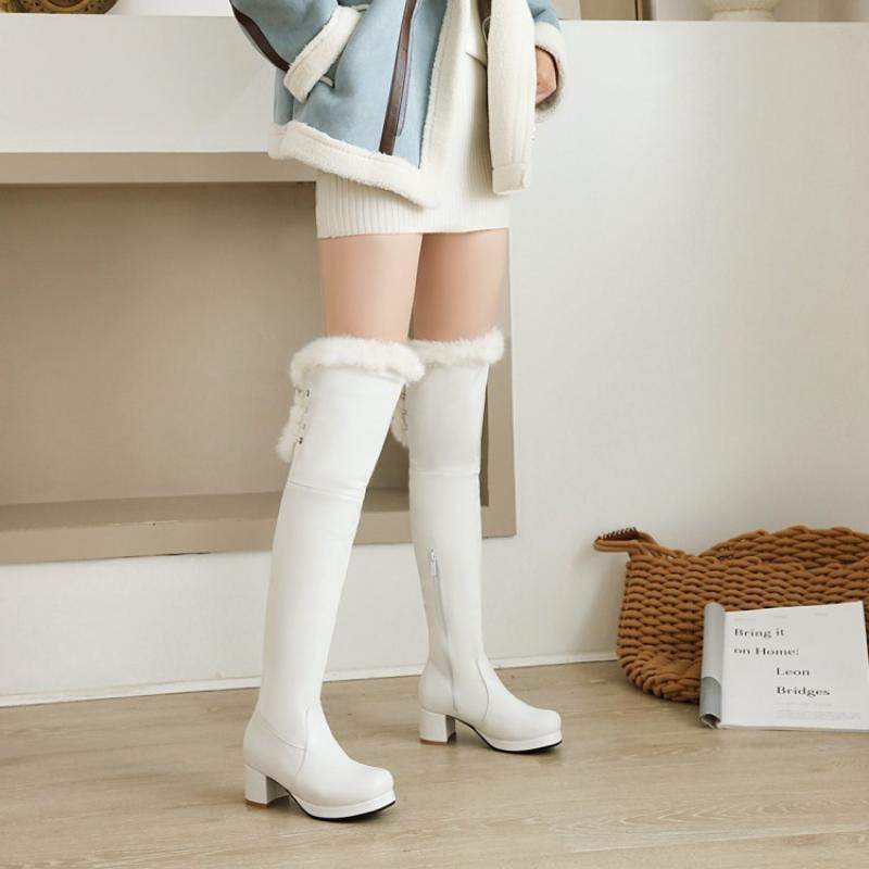 2025秋冬新款过膝长靴女粗跟高筒靴兔毛中跟雪地靴甜美百搭高跟鞋