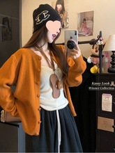 大码女装秋季新款胖MM韩版小众设计感撞色针织开衫宽松慵懒风上衣