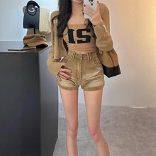 韩魅儿灯芯绒工装裤女秋冬季新款韩版高腰显瘦设计感修身短裤1822