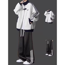 三条杠外套男春秋季套装宽松夹克青少年休闲运动学生男装一套搭配