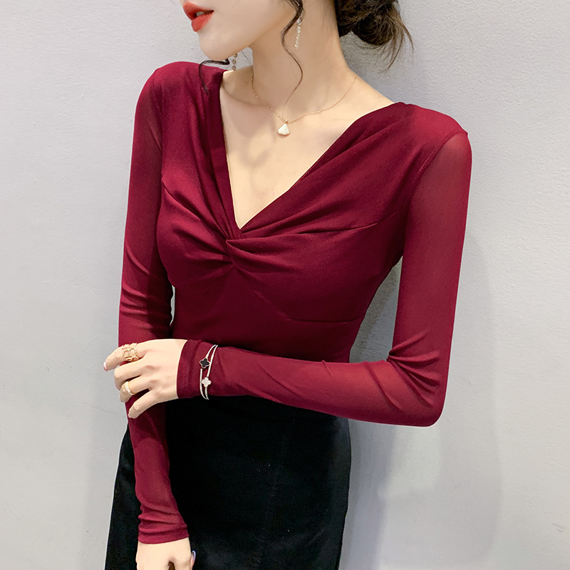 T-shirt da donna slim in rete a maniche lunghe con camicia slim a fondo incrociato_voghion.com