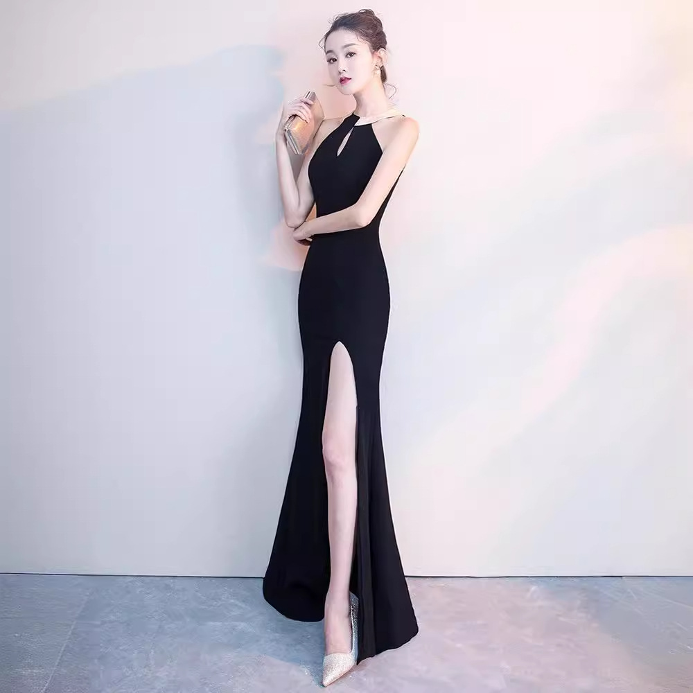 Processing Custom Satin Evening Dress Women's Banquet Elegant Fishtail Long Student Host Black Dress
