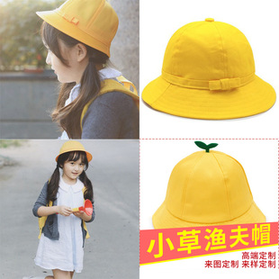 Small yellow hat printing logo kindergarten fisherman hat children sun hat student cotton windproof rope hat wholesale