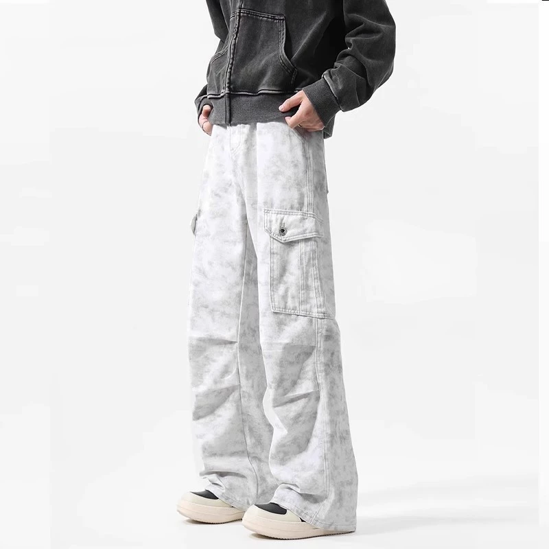 Чао бренд штаны десантника с галстуком, мужские высокие улицы, свободные мраморные, широкие брюки, высокие уличные складки, повседневные брюки