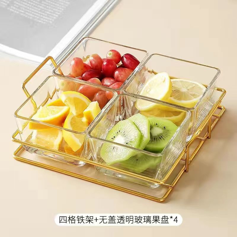 Glass Divided Fruit Plate with Lid for Home Living Room Snack Plate Candy Dried Fruit Plate Ktv Bar Melon Seed Snack Plate