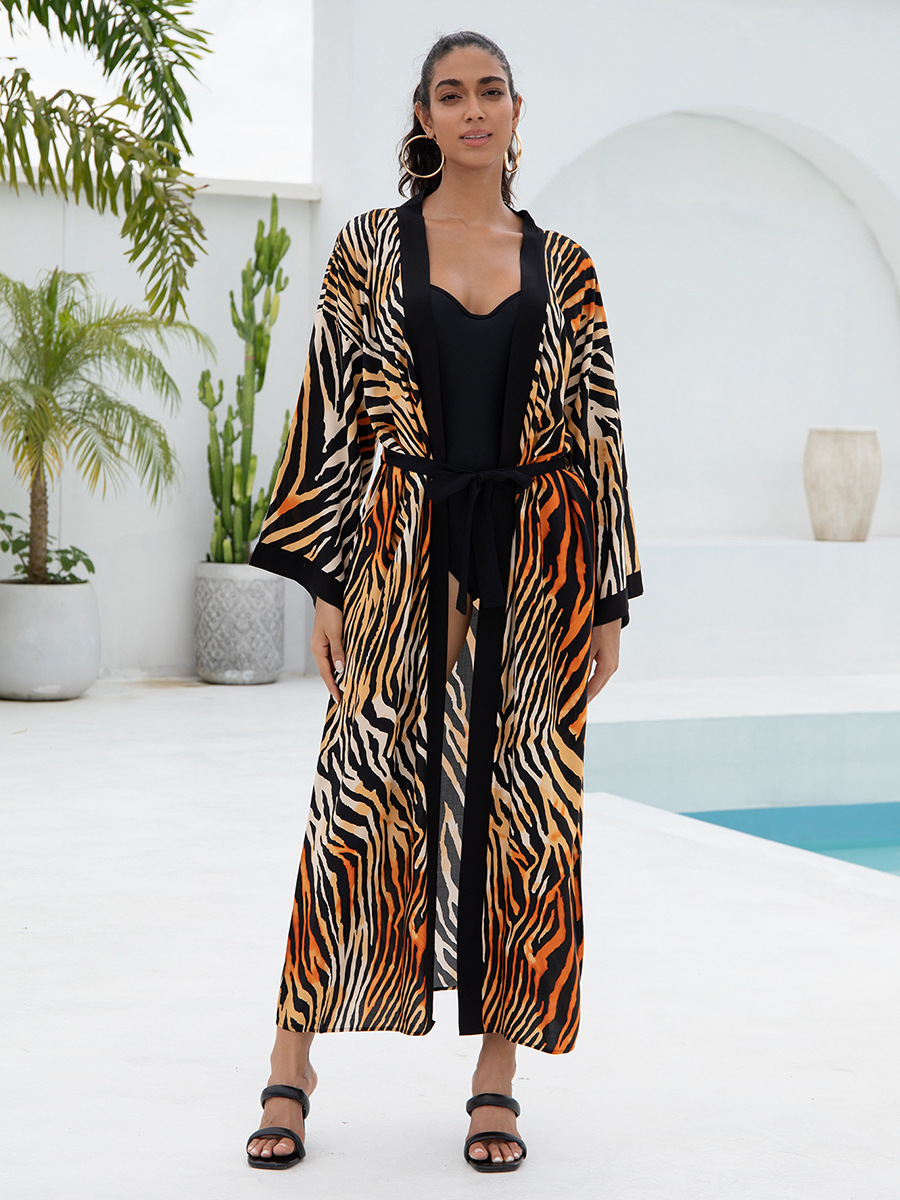 Women's Flowy Cover Up Kimono Beach Dress With Exotic Prints Lightweight Linen Feel Fabric For Pool, Vacation, Boho Outfit_ecoleips.com