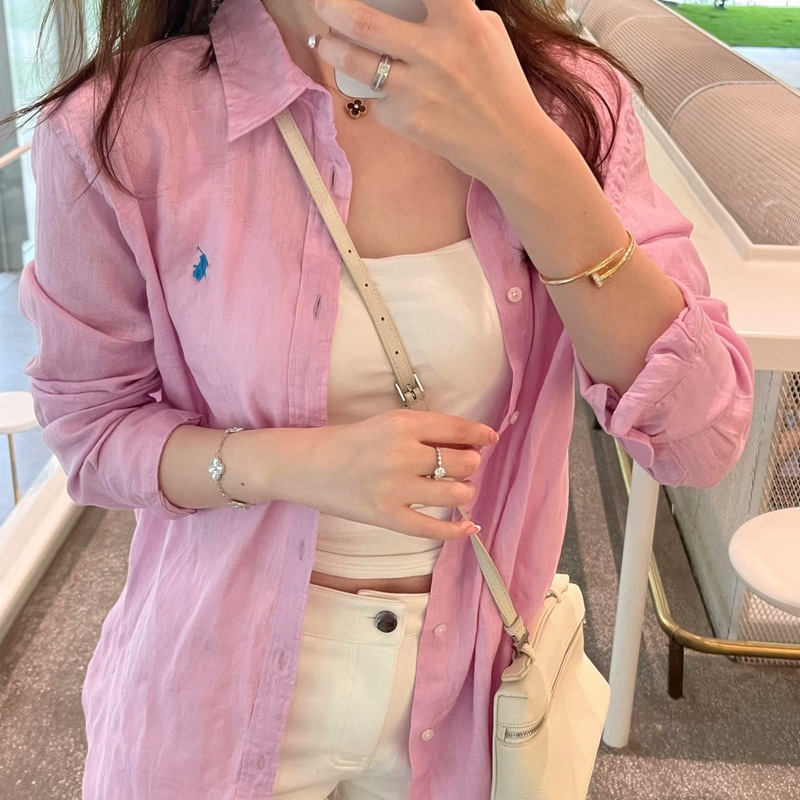 Scanable Qr Code Rl Ralph Linen Shirt for Women with Small Horse Logo Embroidery, Old Money Style Shirt, Fashionable Versatile Cotton-Linen Top