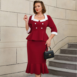 European and American plus size ruffled flesh-covered women's top dress slim high waist fishtail skirt Two-piece set