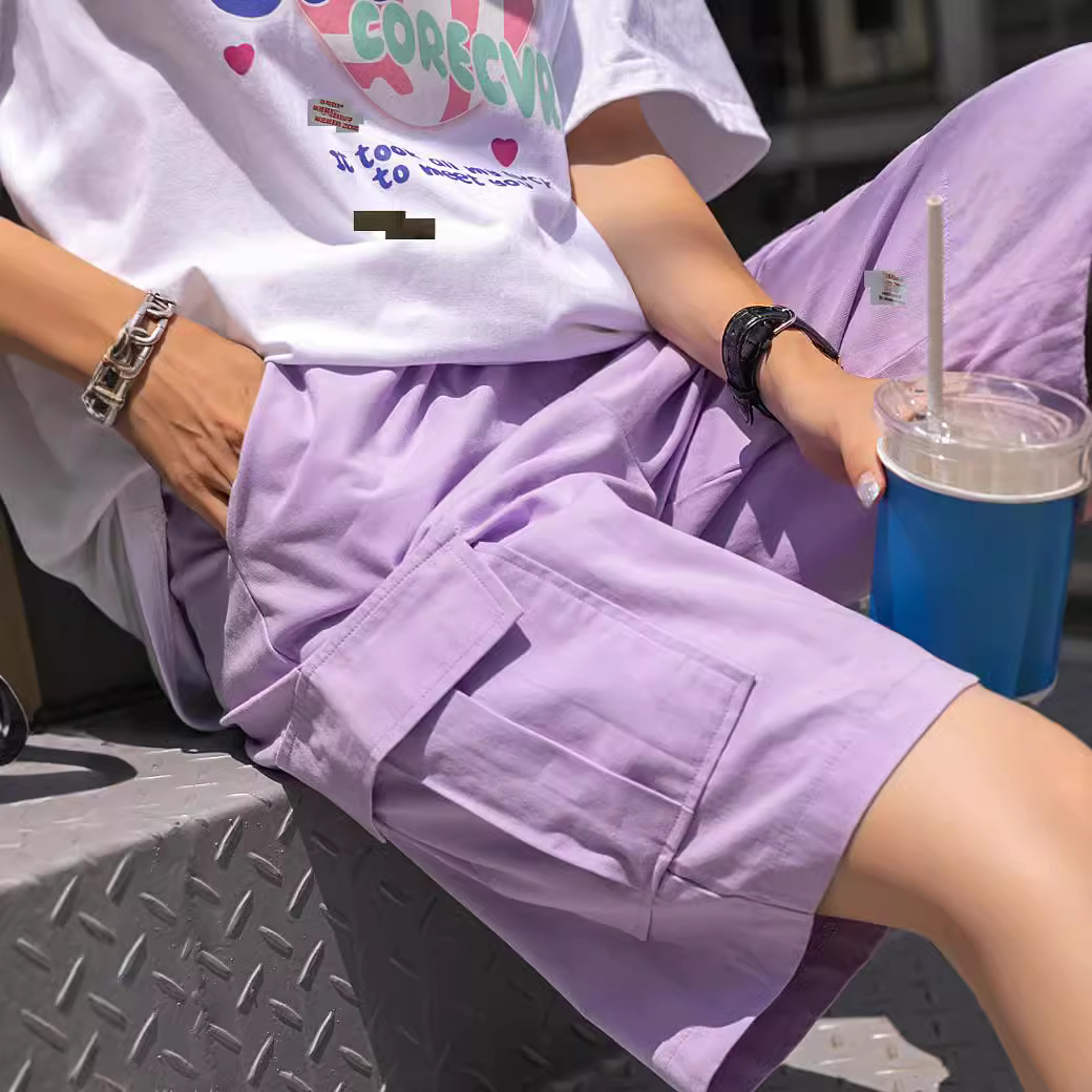 女性の夏の薄いタイプの高い腰の広い足の300斤のカジュアルな中のズボンのストレートの大きいサイズのウエストのスーツのズボンの5分のズボンを緩めます。