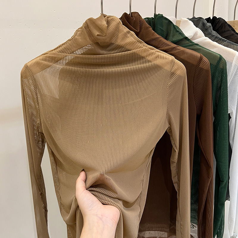 Heaps high collar lace bottoming shirt for women autumn and winter inner wear new 2023 European small shirt popular sexy mesh top