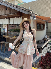 甜美风套装碎花扭结无袖吊带背心上衣女夏季粉色休闲裤长裤两件套