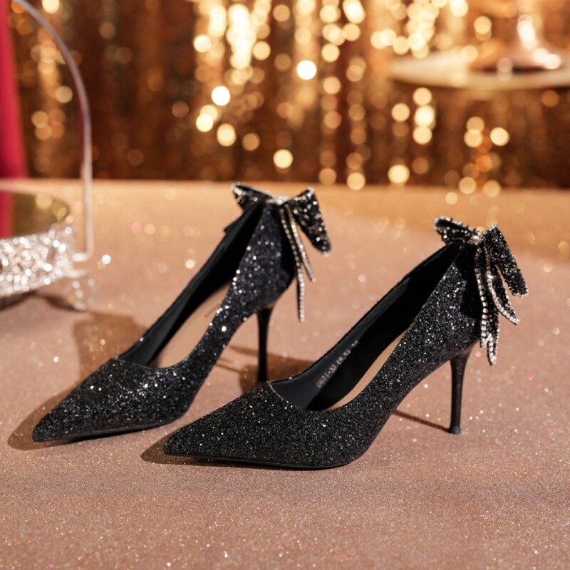 6681-23-012 Sequin Black High-heeled Shoes Glitt Banquet Joker Temperament Thin Heel Bow Advanced Sense 6681-23-012 Sequin Black High-heeled Shoes Glitt Banquet Joker Temperament Thin Heel Bow Advanced Sense