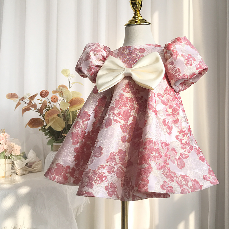 Robe pour le premier anniversaire d'une fille – Robe de princesse en satin imprimé floral avec manches bouffantes et jupe en tulle (80-140 cm, tenue de fête printemps/été)_voghion.com
