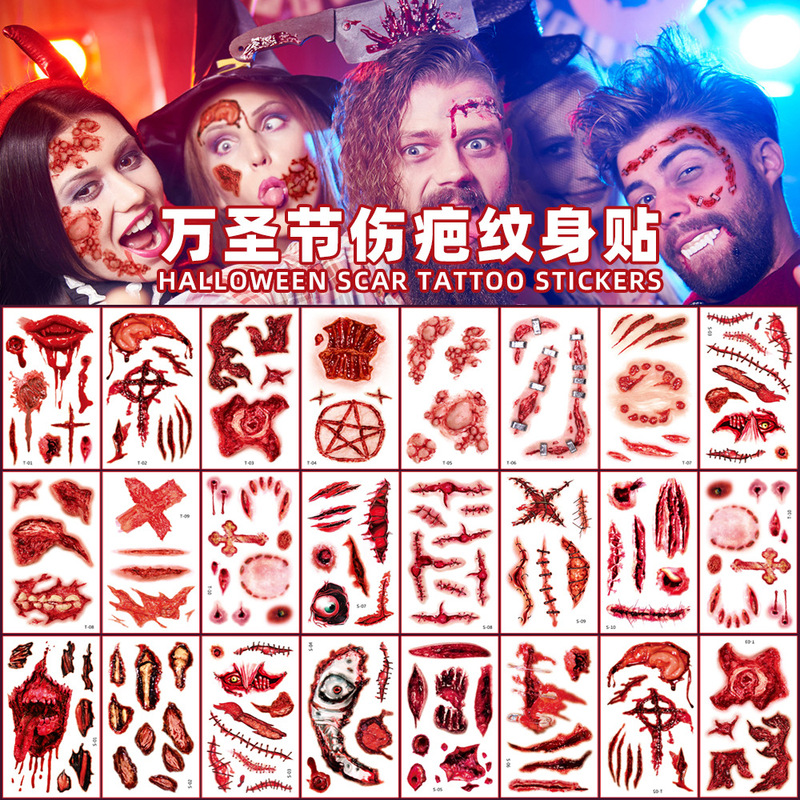 21 New Halloween Scar Tattoo Body Sticker Waterproof Sweat Horrible Bloody Wound Scar Makeup Party Temporary Face Sticker