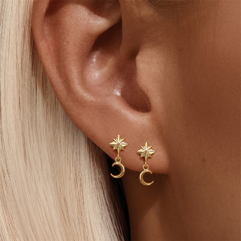 Daily Occasion 1 Pair 925 Sterling Silver Zircon 925 Sterling Silver Earrings Four Leaf Clover Moon Rhombus Drop Earrings Ear Studs