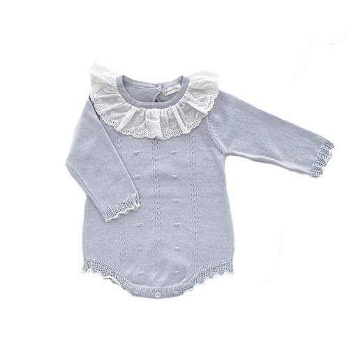 Cutemily Baby Girl Knitted Jumpsuit Ruffled Collar Romper Girls' Thin Spring and Autumn Long-Sleeved Embroidered Triangle Bodysuit