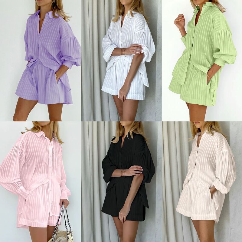European and American Style Jacquard Shirt 2026 Spring Women's Striped Puff Sleeve Shorts Commuter Design Casual Set