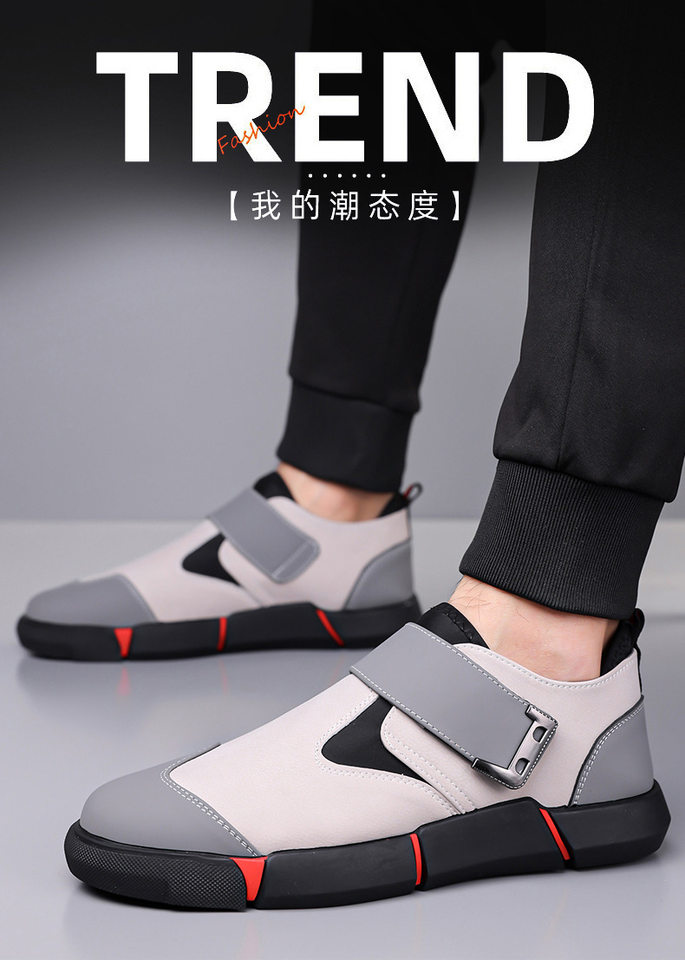 Giày lười nam da PU mũi tròn khóa Velcro chống trượt, đế cao 3 cm — Kaki, Màu đen chi tiết 3