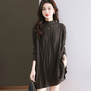 Mid-length Dolman Sleeve Half-turtleneck Wool Sweater Women's Autumn and Winter 2024 New Lazy Style Loose plus size Cashmere Sweater