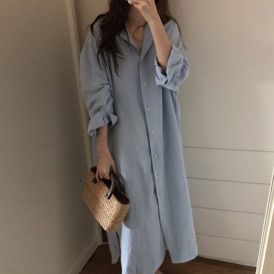 Korean Style Lazy Style Simple Long Over-the-Knee Shirt Solid Color Lapel Cardigan Shirt Sunscreen Air-conditioning Shirt