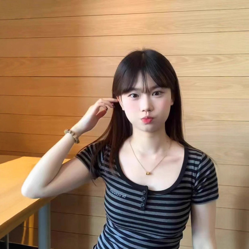 韩系条纹U领正肩短袖t恤女夏季2025新款修身显瘦收腰短款辣妹上衣|undefined