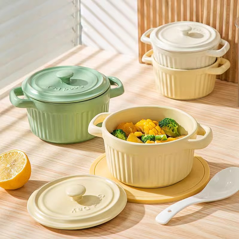 Ins Style Ceramic Baking Bowl Household Baby Food Bowl Double-Eared Air Fryer Baked Rice Bowl Soufflé Dessert Bowl