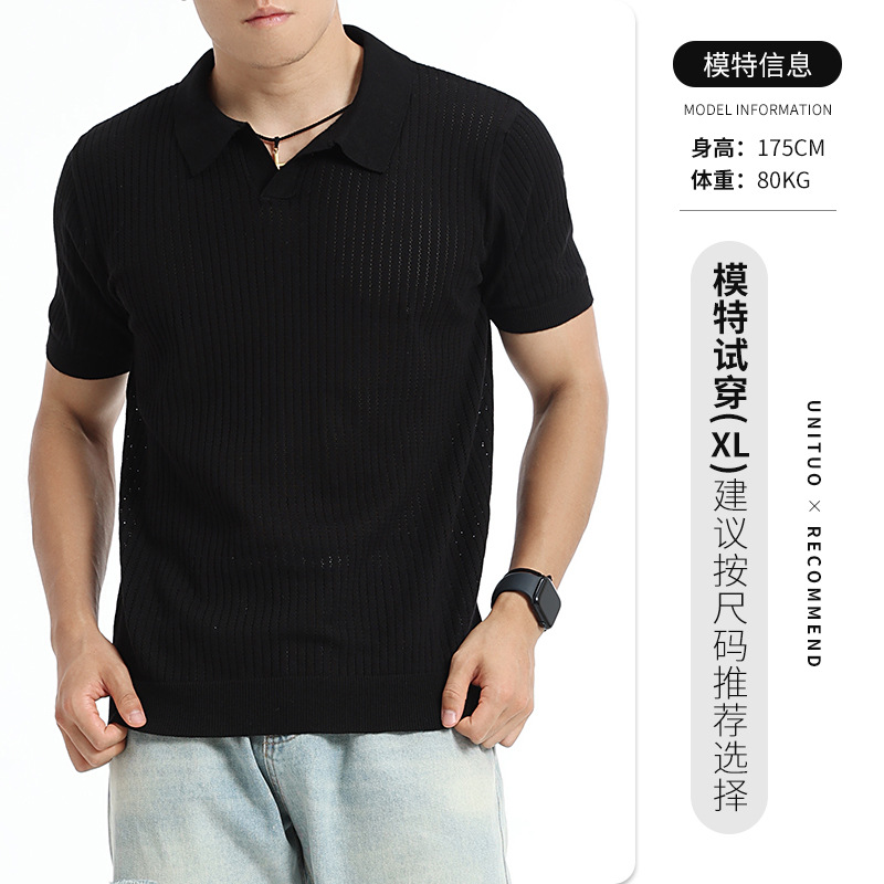 Europa y los Estados Unidos transfronterizos hombres de verano V-collar agujero hielo tejido polo camiseta alta sensación delgada con solapa transpirable mangas cortas