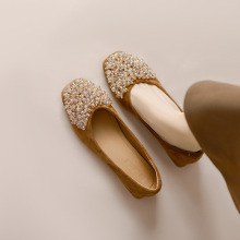 跨級外貿加工定制新款水鑽平底鞋軟底單鞋女淺口方頭粗跟搭配裙子