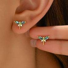 跨境昆虫耳钉百搭时尚蜻蜓耳饰超闪蓝锆石精致小巧优雅饰品