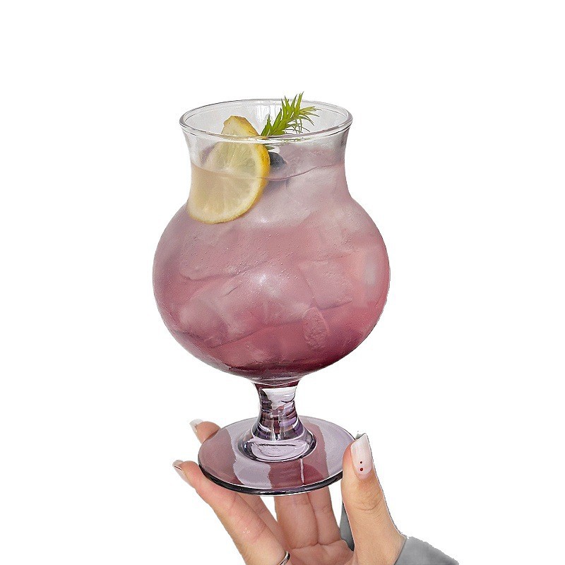 Ins vidrio de viento taza de pie alto encanto púrpura de alto valor facial taza de agua burbujeante taza de jugo taza de bebida fría taza de cóctel