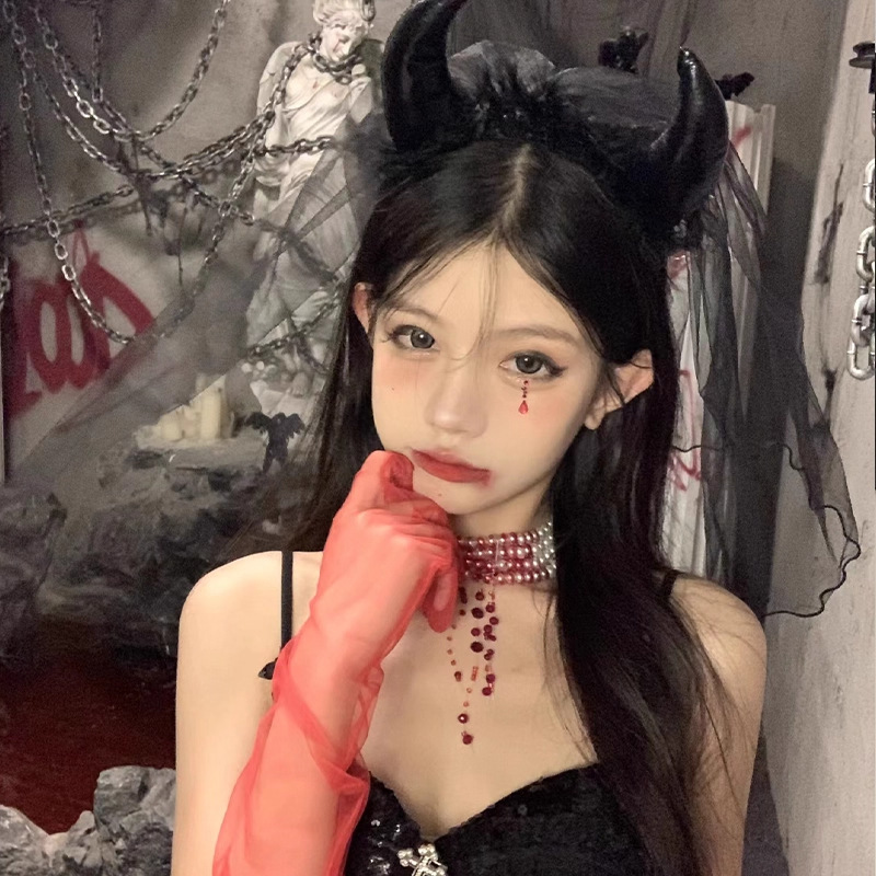 万圣节头饰暗黑系蝴蝶结鬼新娘头纱黑色发箍搞怪装扮恶魔发饰头箍|undefined