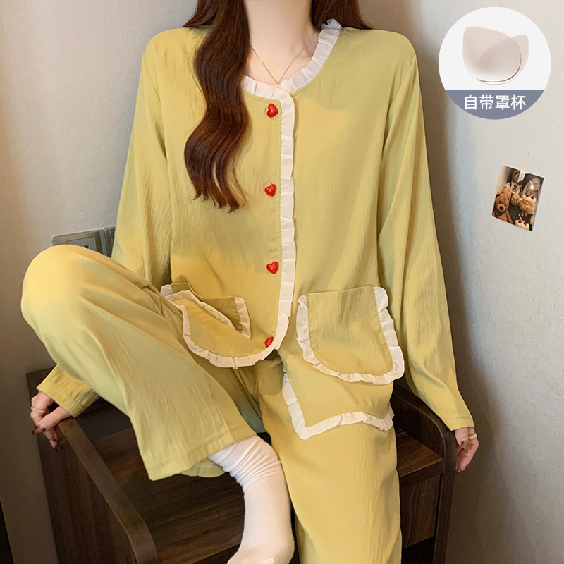 带胸垫棉质长袖花边开衫睡衣女春秋季新款简约休闲家居服两件套装|undefined