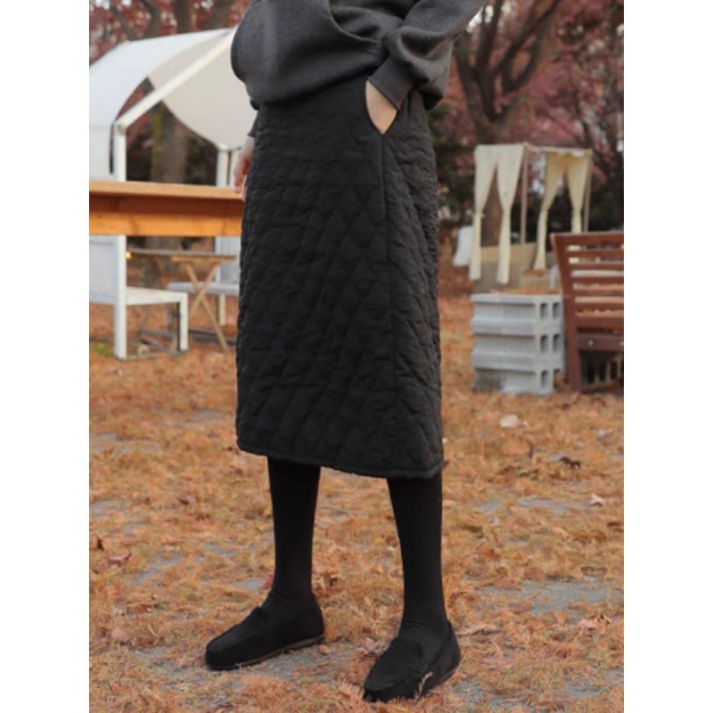 韩版休闲菱格加厚高腰半身裙2023冬季百搭过膝中长款夹棉裙子女