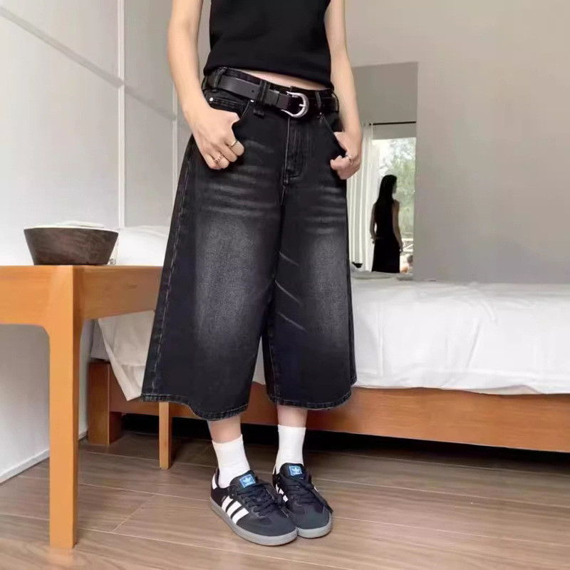 Plus Size Three-Point Pure Color Denim Shorts for Women Summer New Fat mm Loose Slimming Look High Waist Straight Wide Leg Mid-Pants