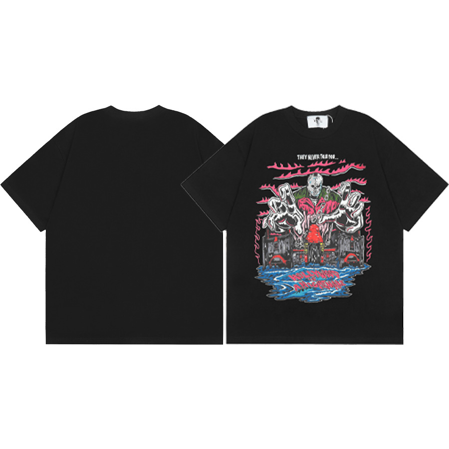 American WARREN LOTAS marca compartida con estampado de personaje de calavera masculina suelta cuello redondo camiseta de manga corta marca de moda