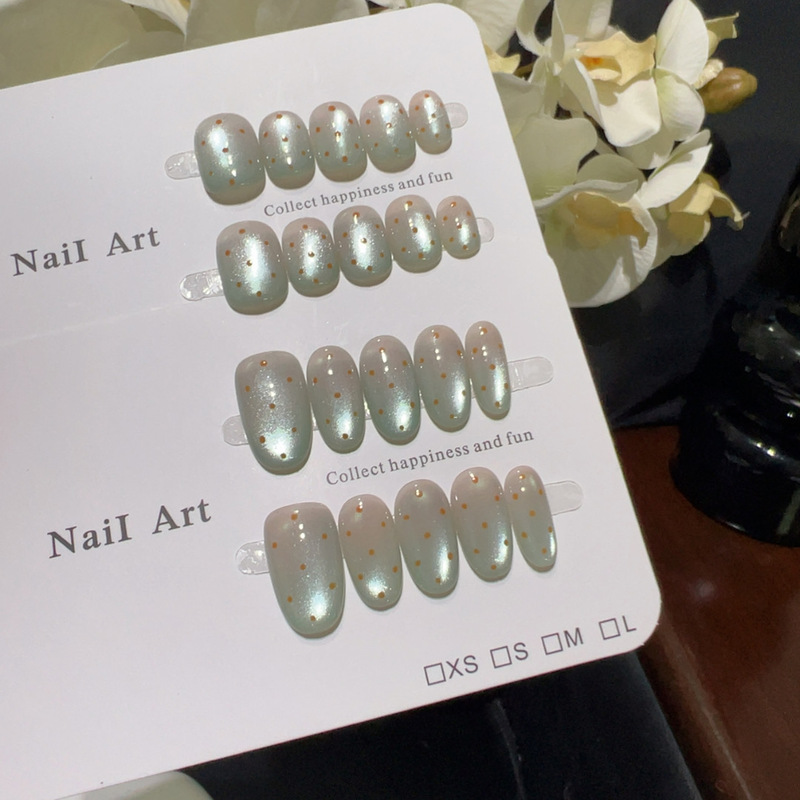 【Forest Style Green Grape】Mint Star Dot Cat Eye Wearable Nails Lime Gold Dot Clear and Brightening Handmade Nail Stickers