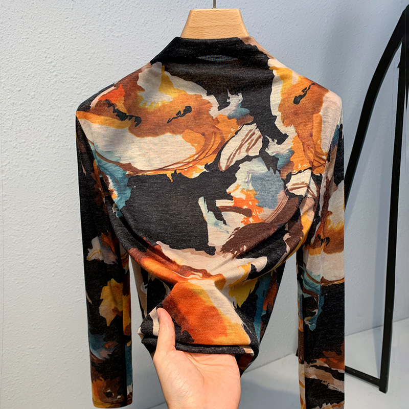 Camisa de fondo de cuello alto de las mujeres 2023 nuevas mujeres vintage impreso estilo occidental pequeña camisa elegante Cintura interior apretada superior