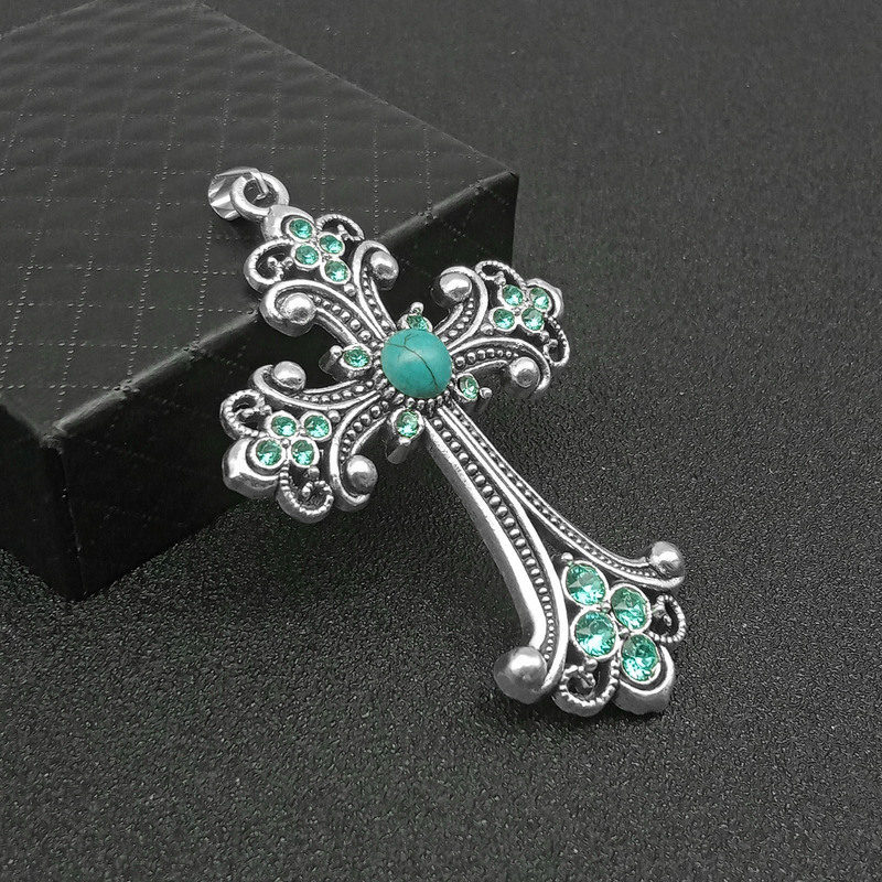 Retro flash Diamond turquoise cross large diy jewelry accessories European and American Fashion necklace pendant wholesale